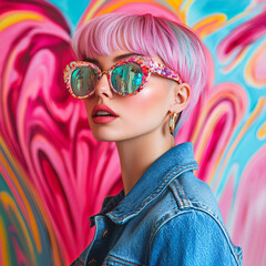 Naklejka premium Fashionable Girl with Pink Hai