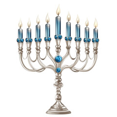 Fototapeta premium A beautifully designed menorah featuring nine candle holders, adorned with striking blue gems and lit candles, symbolizing joy and tradition during the Festival of Lights.