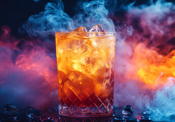 A creative and colorful cocktail with bright colors and smoke, perfect for a lively party or celebration.