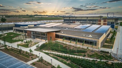 A state-of-the-art facility with integrated renewable energy sources, smart grid management, and advanced tech solutions. Balanced composition highlighting both technology and sustainability.