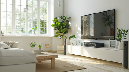A well-kept TV room with minimalist decor, clean surfaces, and soft, inviting natural lighting.
