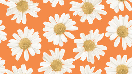 Floral seamless pattern, white daisy flowers on orange background