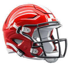 Fototapeta premium A modern, glossy red football helmet featuring white stripes and a robust faceguard. Perfect for showcasing team spirit and innovation in sports gear design.