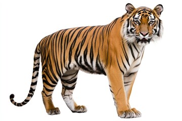 Obraz premium A Standing Tiger with Black Stripes and a White Background