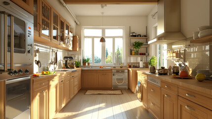 Fototapeta premium A well-organized kitchen with spotless countertops and a clutter-free environment, perfect for cooking.