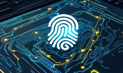 Fingerprint Biometric Security: A futuristic, high-tech image of a fingerprint glowing on a circuit board, symbolizing the power and potential of biometric security technologies.  