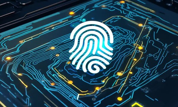 Fingerprint Biometric Security: A futuristic, high-tech image of a fingerprint glowing on a circuit board, symbolizing the power and potential of biometric security technologies.  
