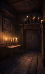 Naklejka premium A spooky, haunted house background with flickering candles, creaky floorboards, and ghostly shadows, designed for a horror game setting.