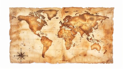 A detailed world map with vintage design, isolated on white background, full body shot, with aged paper texture and compass rose, 