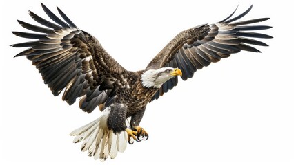 Obraz premium A majestic eagle in mid-flight, isolated on white background, full body shot, with detailed feathers and sharp talons,