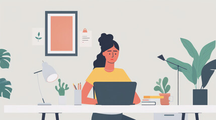 A woman sitting at a tidy desk with her laptop, enjoying a clean and minimalist workspace.