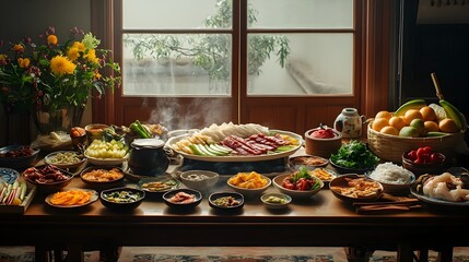 A photograph showcasing the traditional Chuseok food offerings placed on an ancestral altar creating a harmonious and reverent atmosphere for honoring family heritage and spiritual traditions