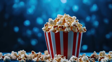 A delicious bucket of popcorn ready for movie night, surrounded by scattered kernels and a vibrant blue backdrop.
