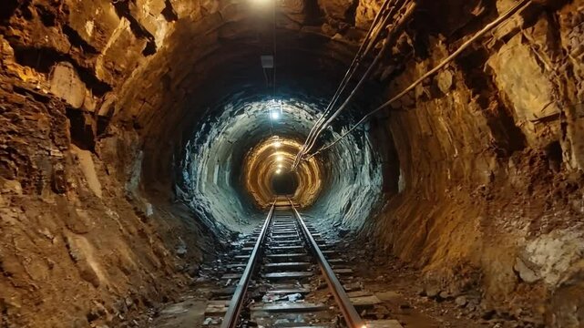 A tunnel with a train track inside. Scene is eerie and mysterious