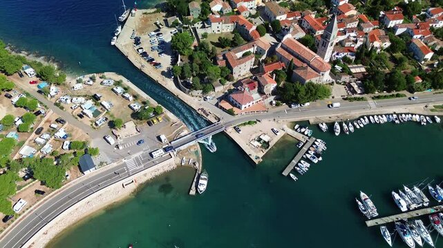 Aerial view of the historic town Osor with the bridge connecting the islands of Cres and Losinj, Croatia