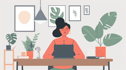 Fototapeta premium A woman working on her laptop at a minimalist desk, with a clean and simple lifestyle.