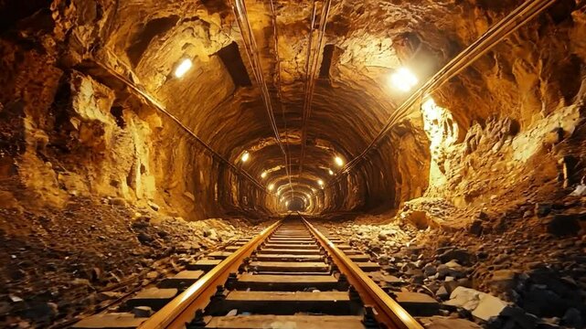 A tunnel with a train track running through it. The tunnel is dark and the train is not visible