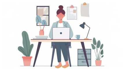 A woman working on her laptop in a tidy, minimalist home office, representing a simple lifestyle.