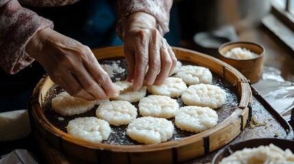 Close up photograph showcasing the intricate process of handmaking traditional Korean songpyeon or rice cakes