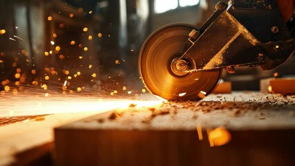 A woodworking machine is cutting into a piece of wood. The wood is being cut into small pieces