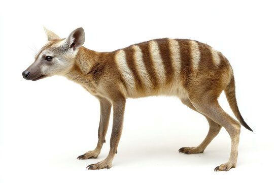 A Striped Tasmanian Tiger Standing on a White Background