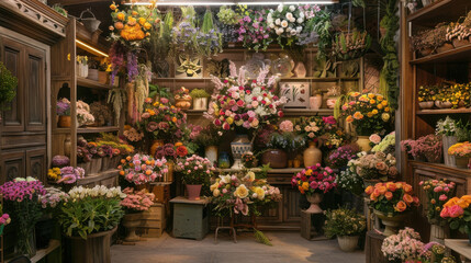 An inviting flower shop adorned with a variety of colorful blooms and elegant decor.
