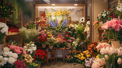 An inviting flower shop with an eye-catching display of colorful flowers and elegant arrangements.