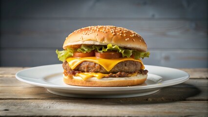 Bitten cheeseburger on a plate , food, burger, fast food, cheese, meal, lunch, snack, unhealthy, greasy