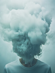 Woman Contemplating with Her Head in the Clouds, Face Hidden by Fog and Smoke. Surreal Minimalistic Scene with Soft-Focus, Pastel Colors, and Soft Lighting. She Wears a White T-Shirt Against a Cloudy 