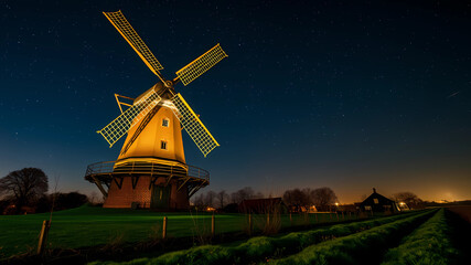 A nightshot for a old magestic windmill in Holland, stars, night, Light Pollution, ultrahd, 32k, 22...