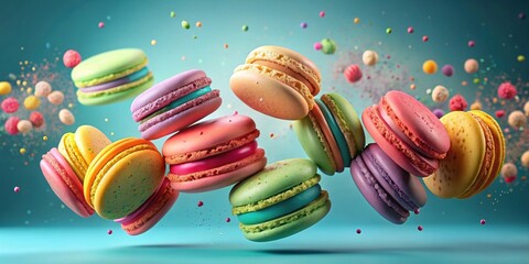 Floating colorful macarons with candy sprinkles gradient, macarons, colorful, candy, sprinkles, gradient, dessert