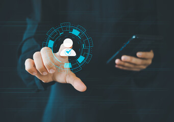  Know your customer (KYC) concept. Person use magnifying glass focus to identity verification system for Increase financial security and access personal financial data. Biometrics security.