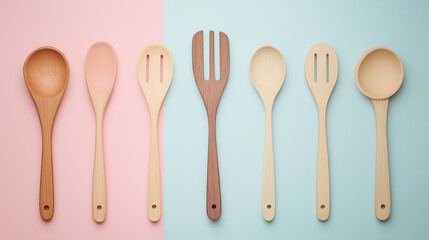 Various wooden kitchen utensils neatly arranged against a split pink and blue background. The elegant design emphasizes natural materials and cooking essentials with a touch of minimalism.