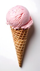 Mouthwatering photograph showcasing a single scoop of rich creamy strawberry ice cream nestled in a golden brown waffle cone against a plain backdrop