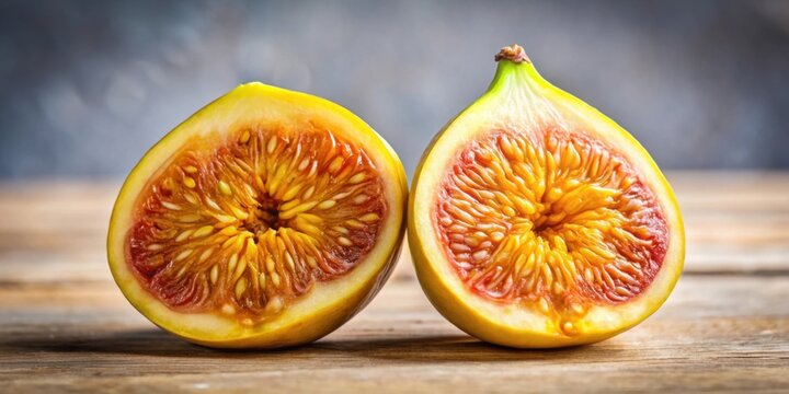 Close-up of a ripe, large yellow fig cut in half, fig, yellow, fruit, food, ripe, sweet, juicy, organic, fresh, healthy