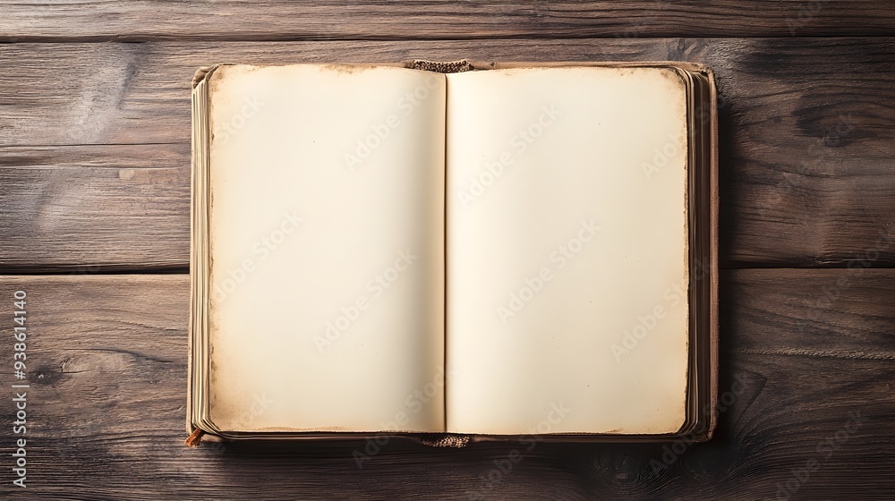 Poster overhead view of an open book with blank pages placed on a simple wooden table leaving empty space o