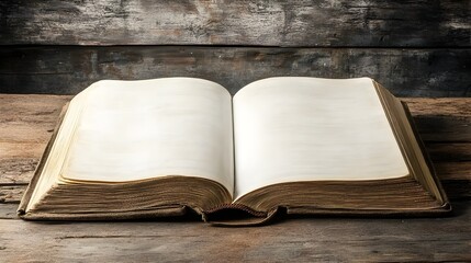 Fototapeta premium Photograph of an open book with blank pages placed on a wooden table leaving ample copy space on the right side for additional text or design elements