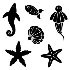 Underwater sea life icons collection on white background silhouette vector illustration