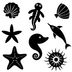 Underwater sea life icons collection on white background silhouette vector illustration