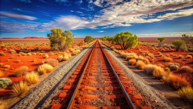 Scenic red outback railway running through the Australian desert , outback, railway, train tracks, desert