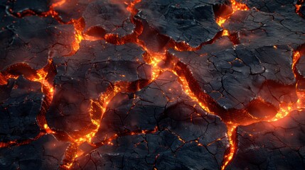 Fiery Abstract: Molten Lava Texture and Burning Coals on Cracked Ground