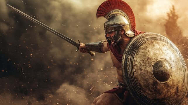A Spartan Warrior in Battle with Sword and Shield