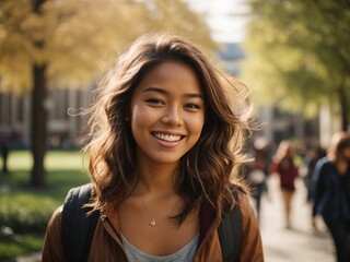 Fototapeta premium A young woman with a bright smile, surrounded by the bustling energy of a university campus.