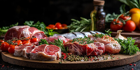 Meat and chicken products, meat cut into steaks, fresh vegetables in the background, generative AI