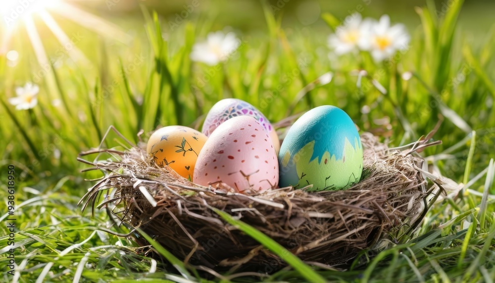 Wall mural  Eggsciting Easter nest in the grass