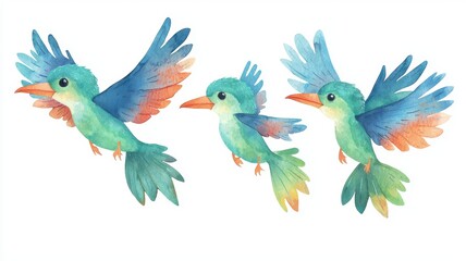 Obraz premium Set of baby Quetzalcoatlus, tiny beaks, learning to fly, isolated, white background, Watercolor style