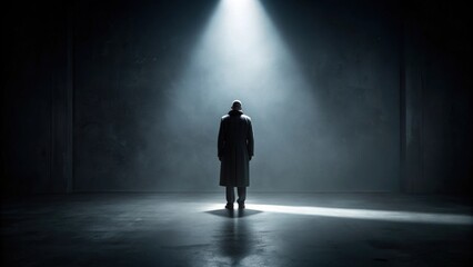 Dark noir studio featuring a mysterious figure in shadow , mystery, suspense, crime, thriller, detective, silhouette
