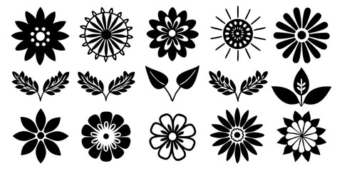 set of silhouettes of flowers, colorful flowers, floral