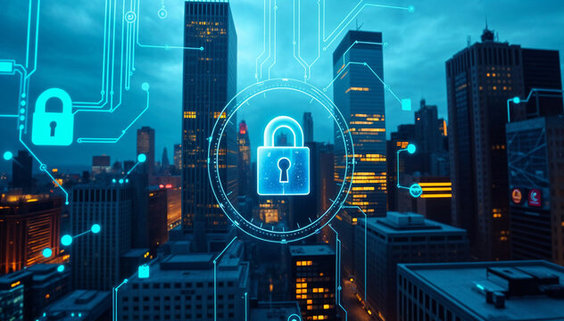New York city buildings, cybersecurity hud hologram and lock circuit, privacy