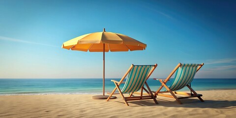 Beach chairs with umbrella in realistic render with background, beach, chairs, umbrella, sun, sand, relaxation, vacation, summer